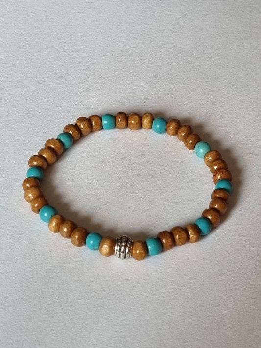 Armbånd treperler - flere varianter - Turkis med sølvdekor, 17 cm - Armbånd