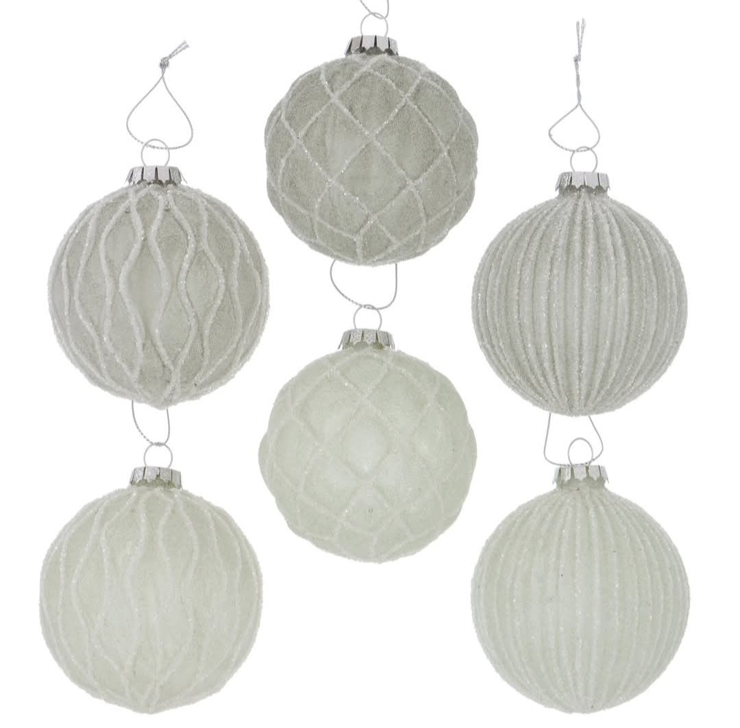 Juletrekule – Rutet Frostet Glass med Glitter - 8 cm