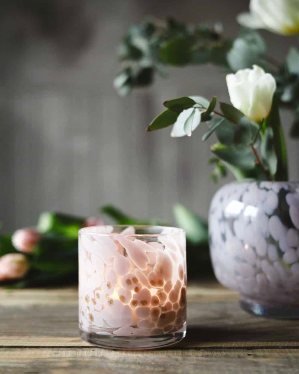 Lysholder - Munnblåst - Rosa med gulldetaljer - 10 cm