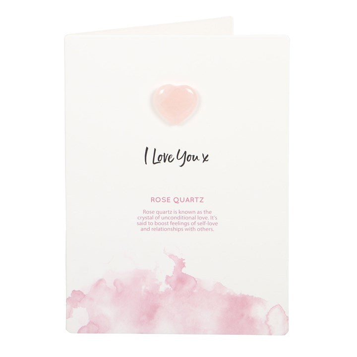 Kort med rosenkvartshjerte og teksten: I love you x