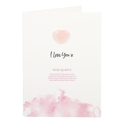 Kort med rosenkvartshjerte og teksten: I love you x