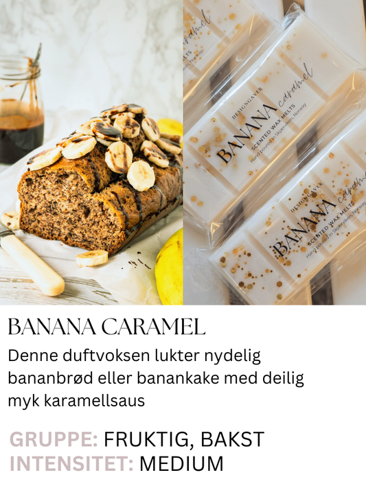 Nybakt bananbrød med flytende karamellsaus og friske bananer