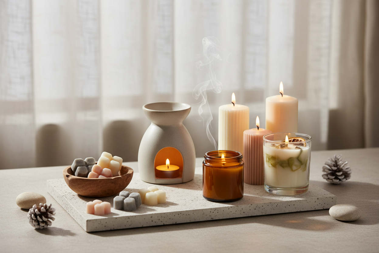 Ha duftvoks, aromalamper, lys og duftlys i bakgrunnen i et delikat og proffesjonelt stilleben.. som tatt rett ut av et interiørmagasin