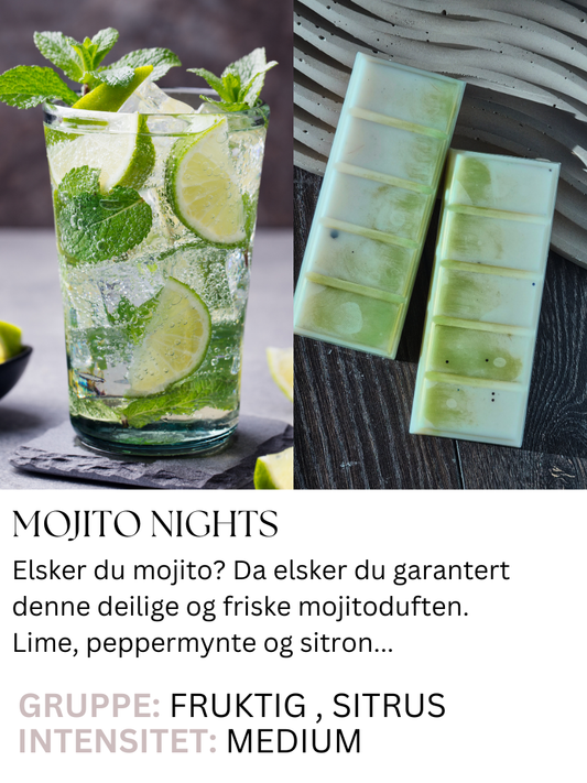 Duftvoks som lukter som drinken mojito med sitronbrus, lime, sitron, peppermynte og rom med isbiter.