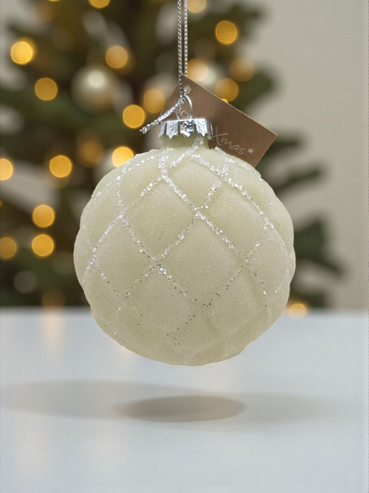 Juletrekule – Rutet Frostet Glass med Glitter - 8 cm